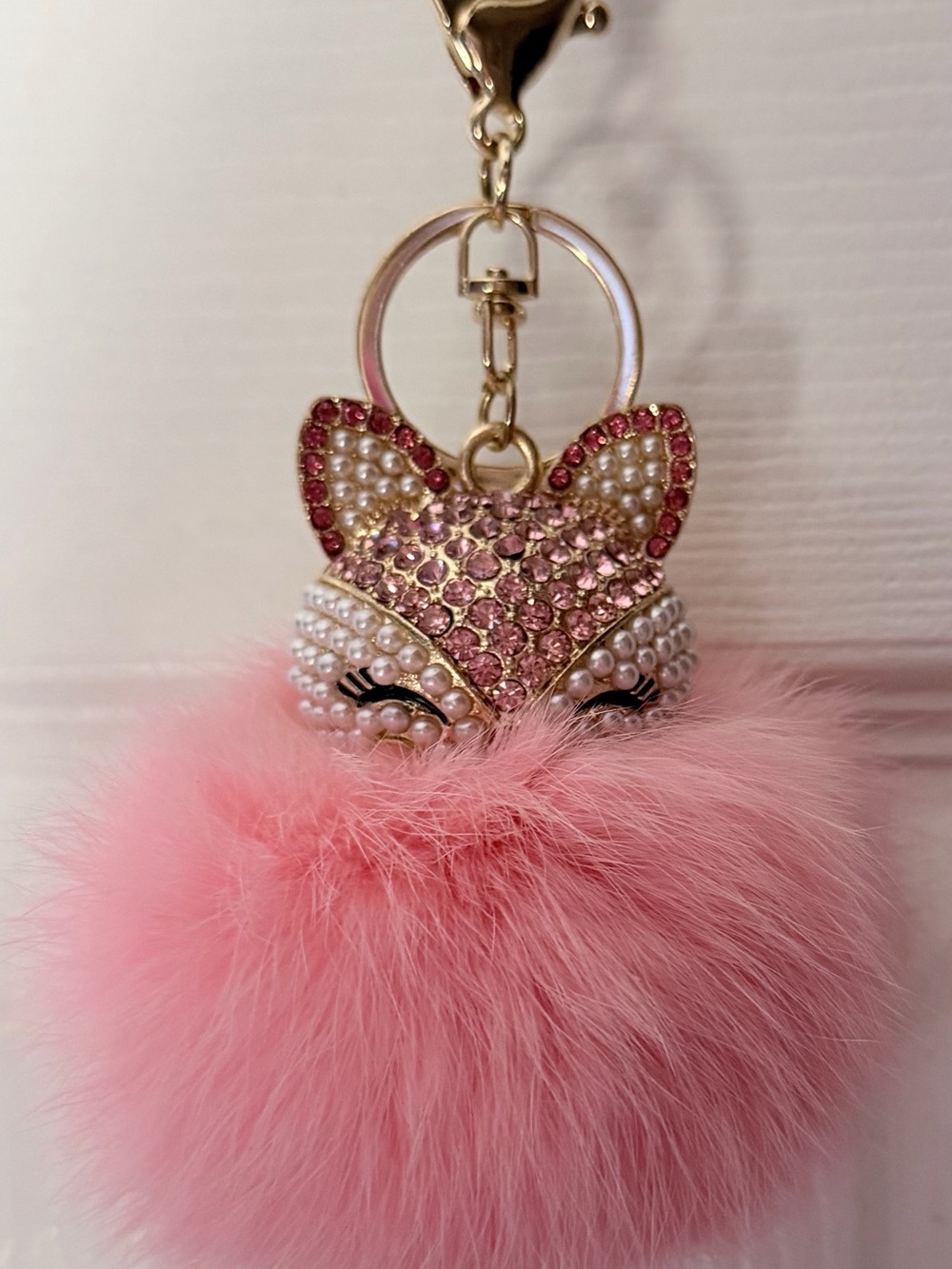 Pink Fox Pom Pom Keychain Charm - Crystal & Pearl Accent